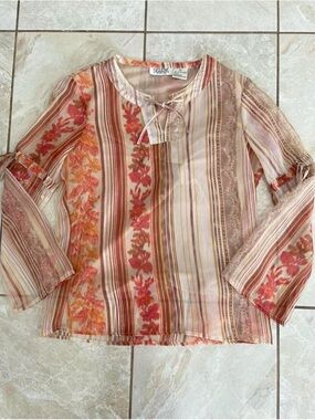 Selene Sport Orange Striped Floral Tie-Neck Blouse